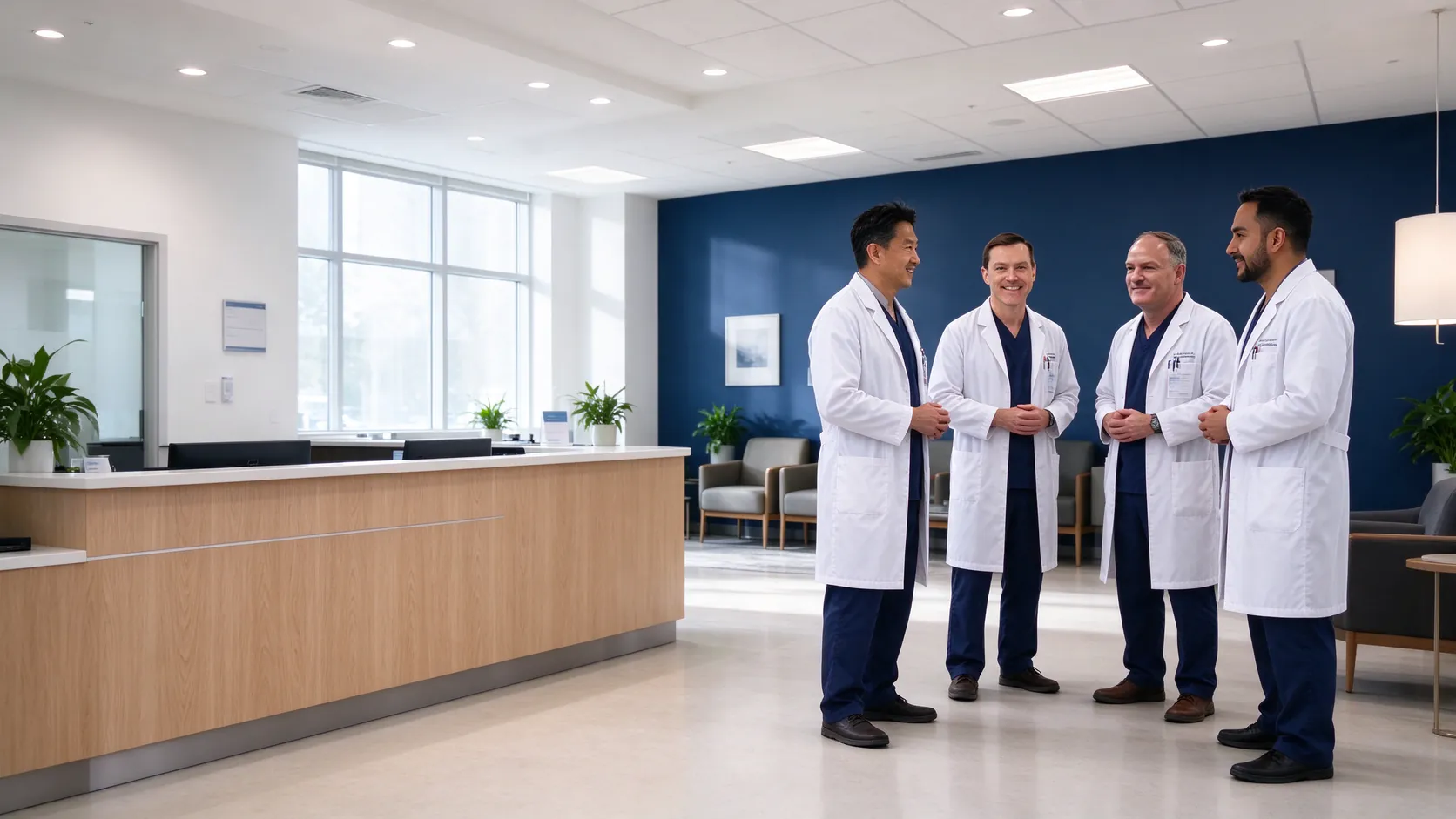 John Park, MD, Chad Laurich, MD, Todd Reil, MD and Feraz Rahman, MD talking in a VIS clinic lobby