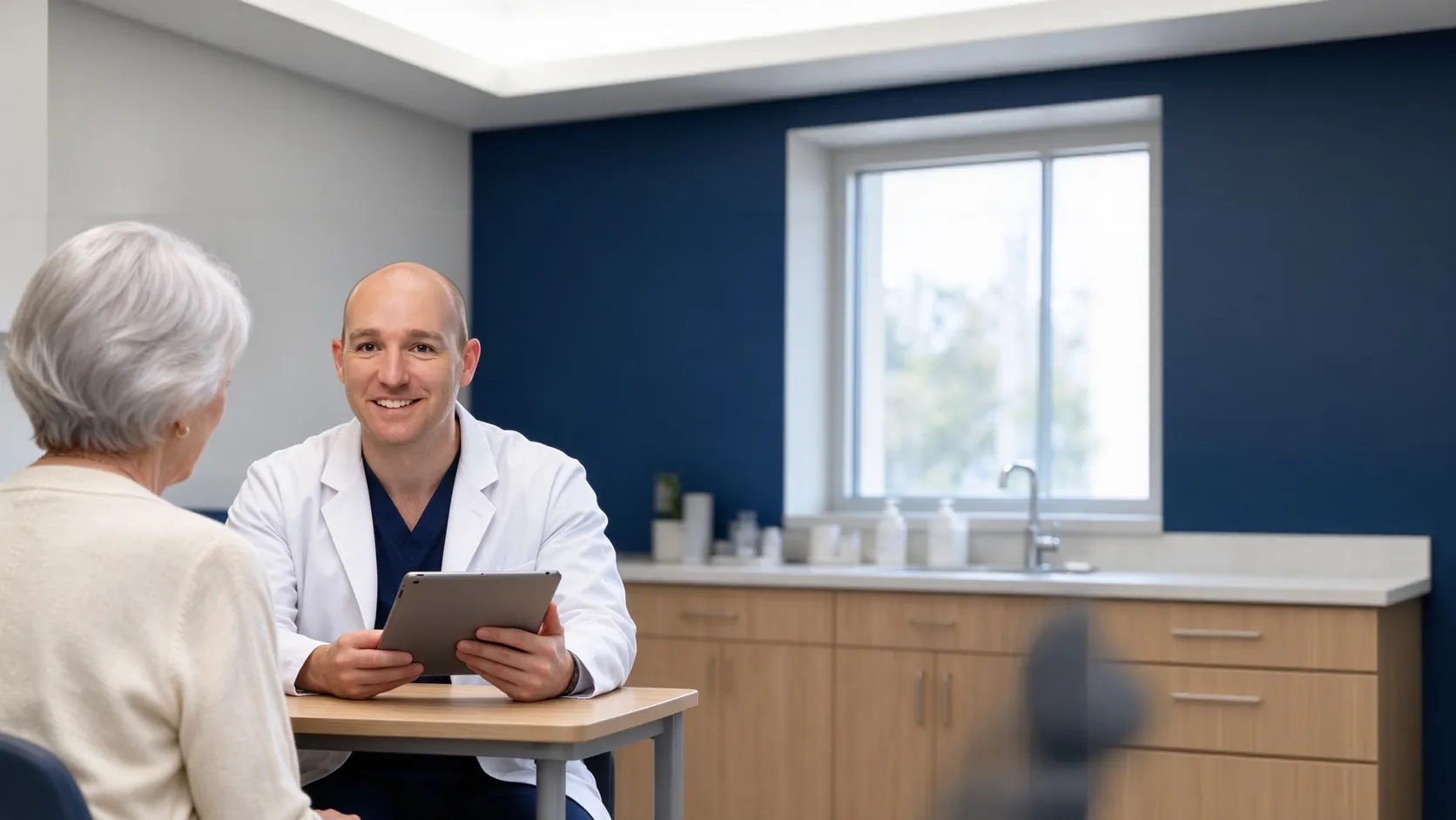 Andrew Schroeder, DO reviewing insurance benefits with a patient on a tablet