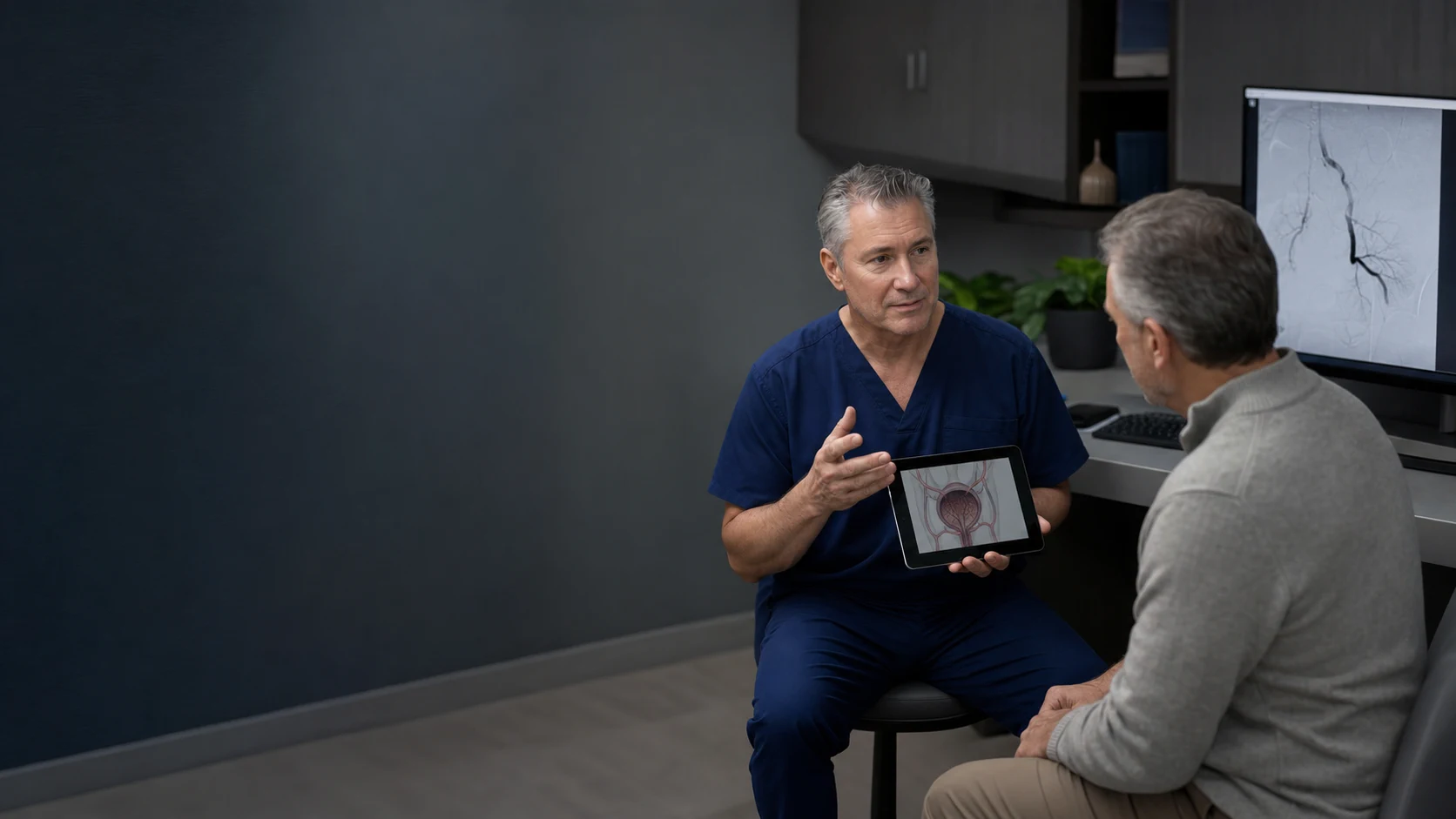 A male patient discussing image-guided care with his physician