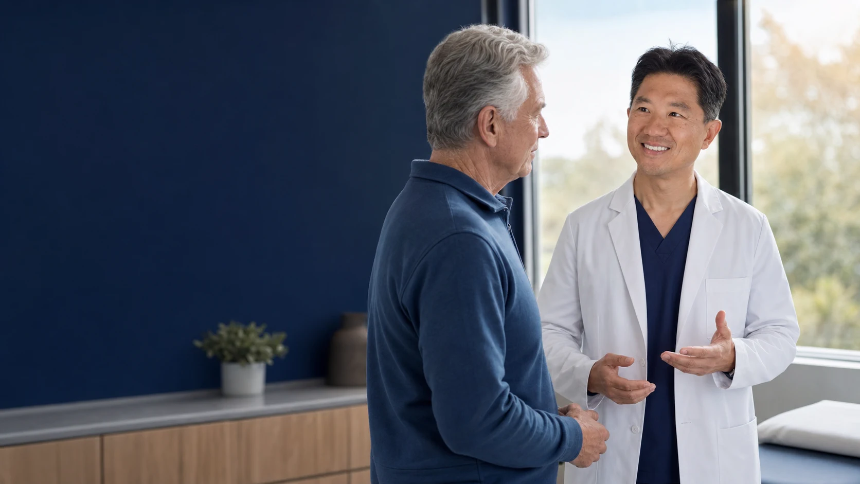 John Park speaking with an older adult patient after a consultation