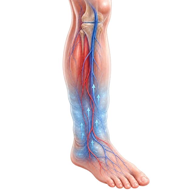 Medical illustration of fluid accumulation and swelling around the lower leg and ankle