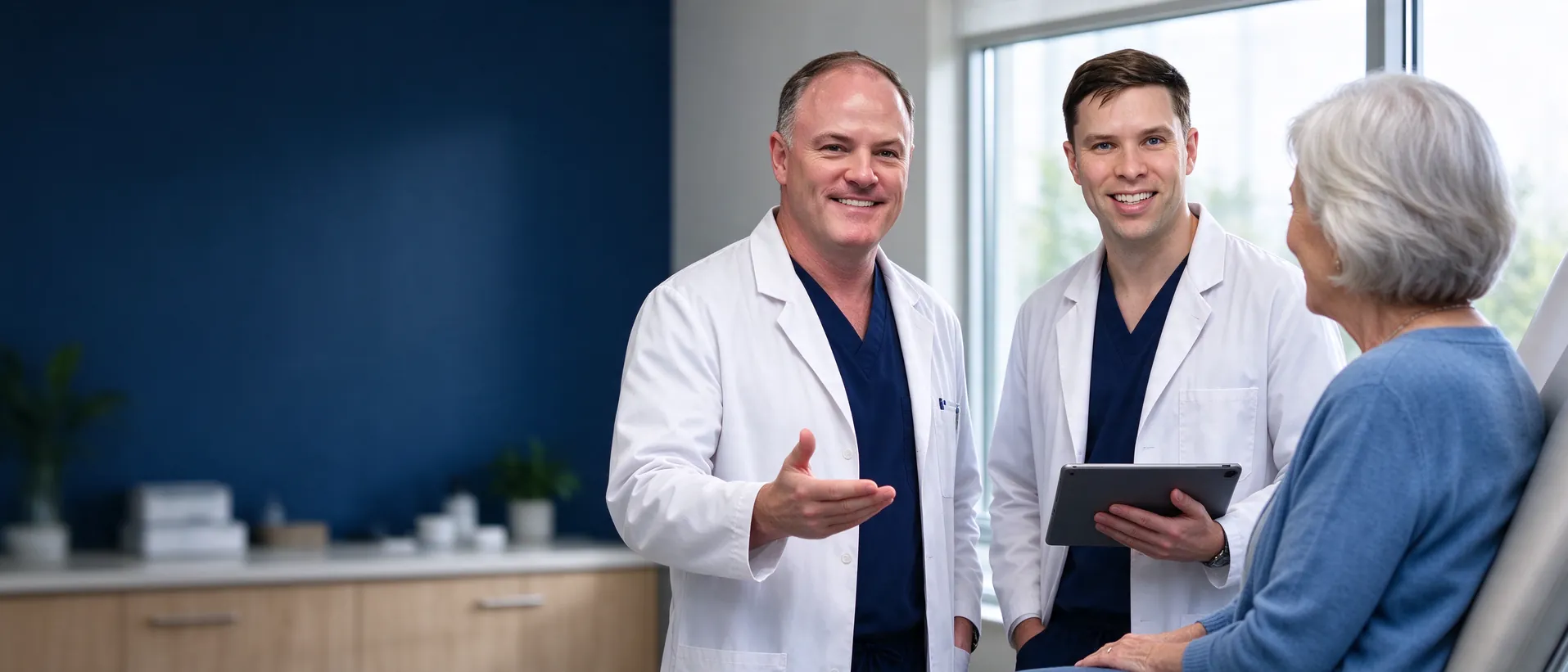 Todd Reil, MD and Joe Marion, MD talking with a patient at VIS Fargo