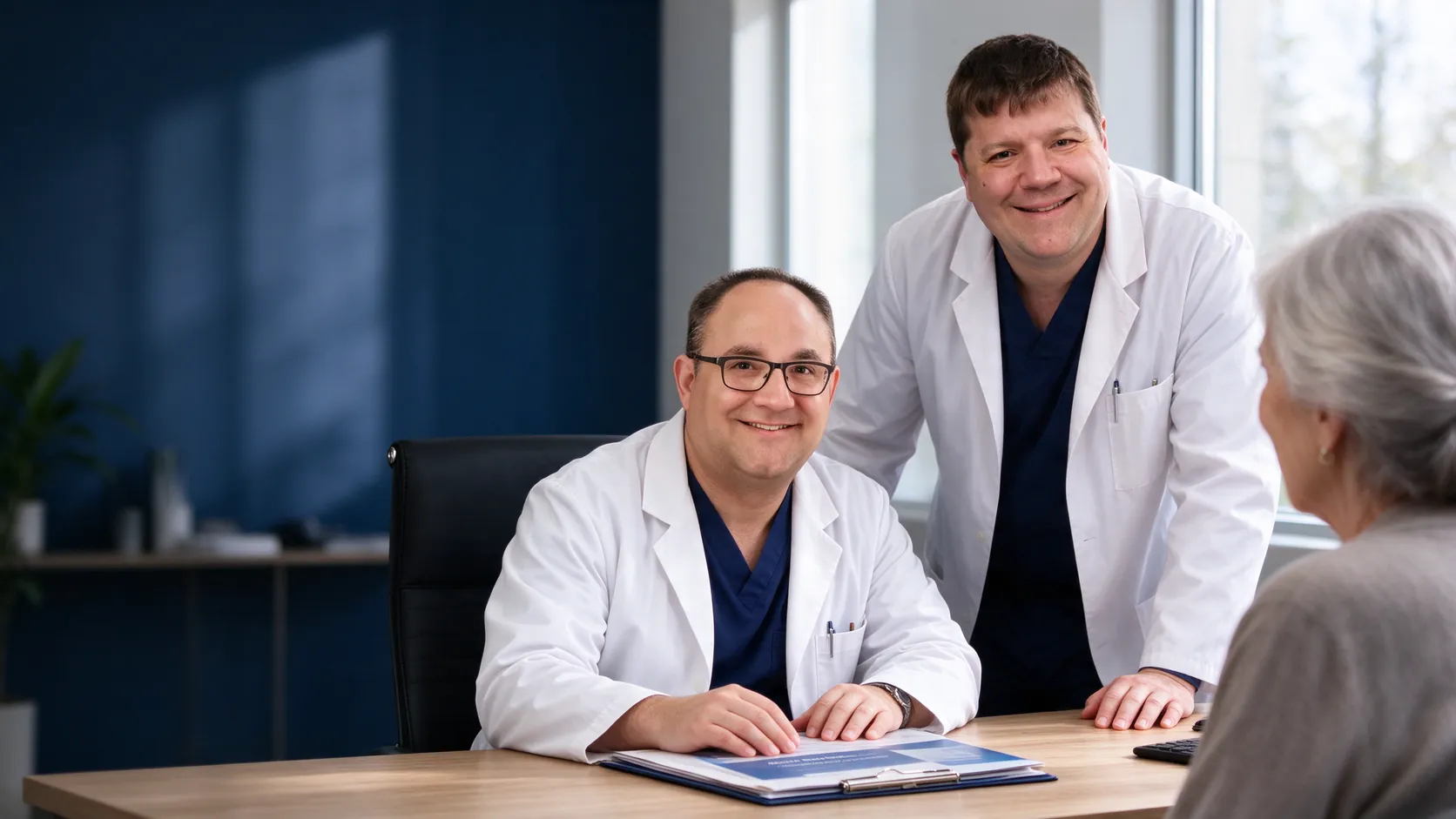 Gregory Gordon, MD and David Vogel, MD reviewing insurance benefits with a patient at VIS Omaha